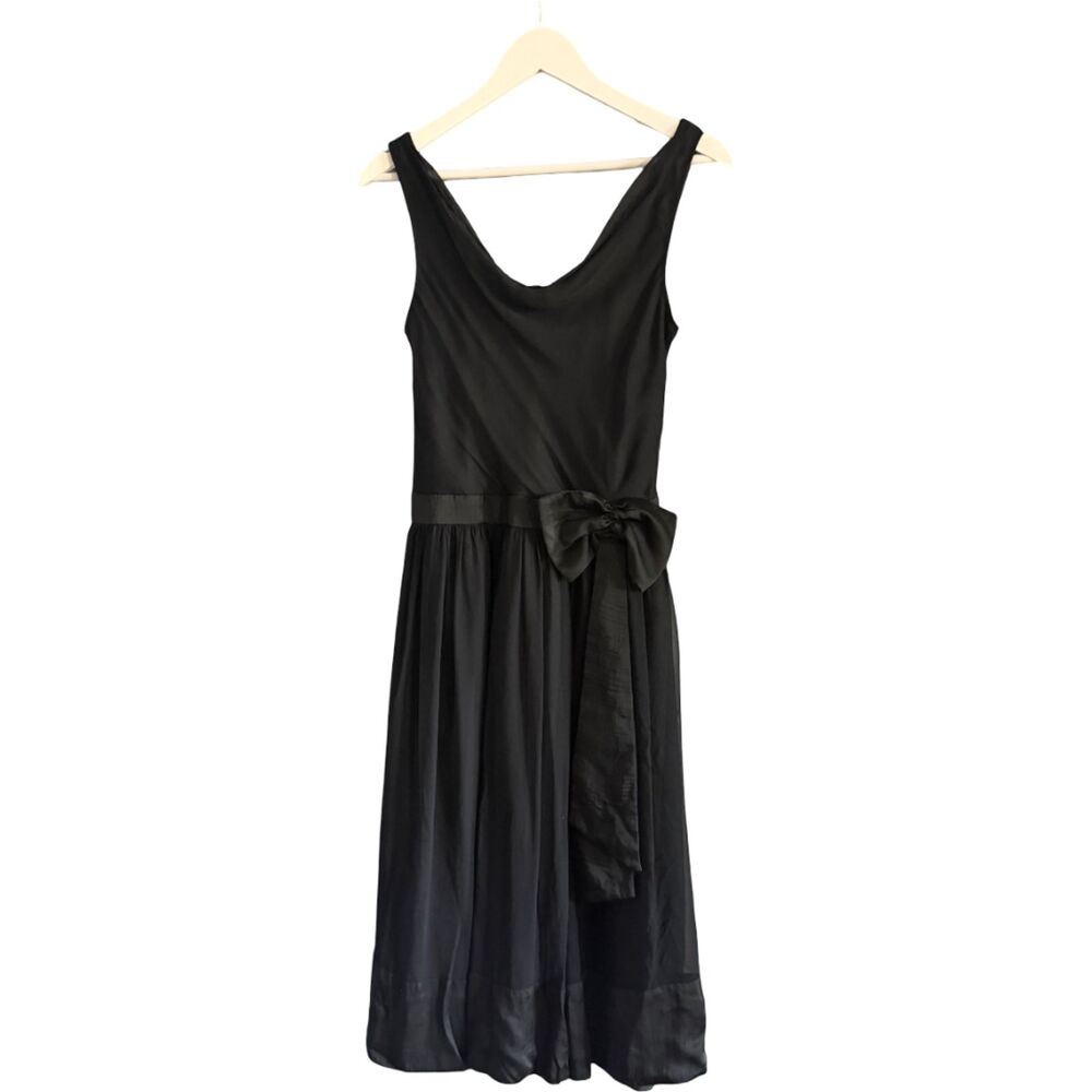Vintage Margaux Black 100% Silk Bias Cut Bow Waist Scoop Neck Cocktail Dress 10